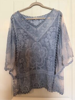 Sheer Lace V-Neck Tunic in Dusty Blue